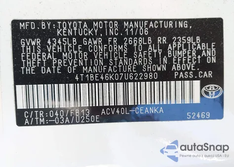 2007 Toyota Camry Ce z USA, uszkodzony, nr VIN 4T1BE46K07U622980